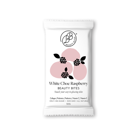 White package of White Choc Raspberry Beauty Bites with brand logo on a white background