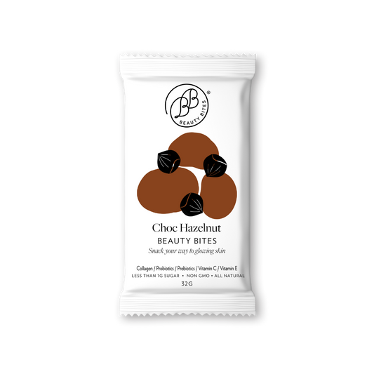 Packaging of Choc Hazelnut Beauty Bites on a white background