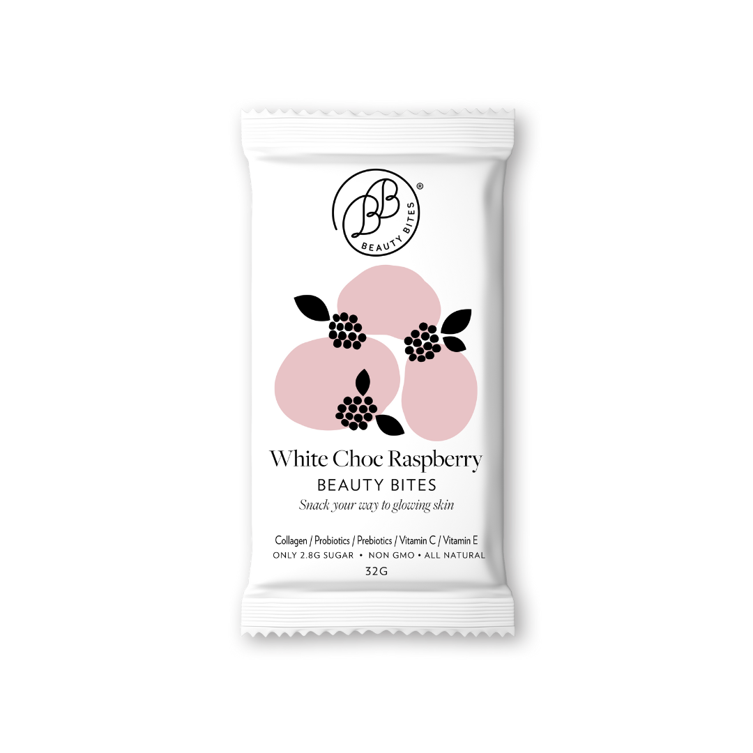 White package of White Choc Raspberry Beauty Bites with brand logo on a white background