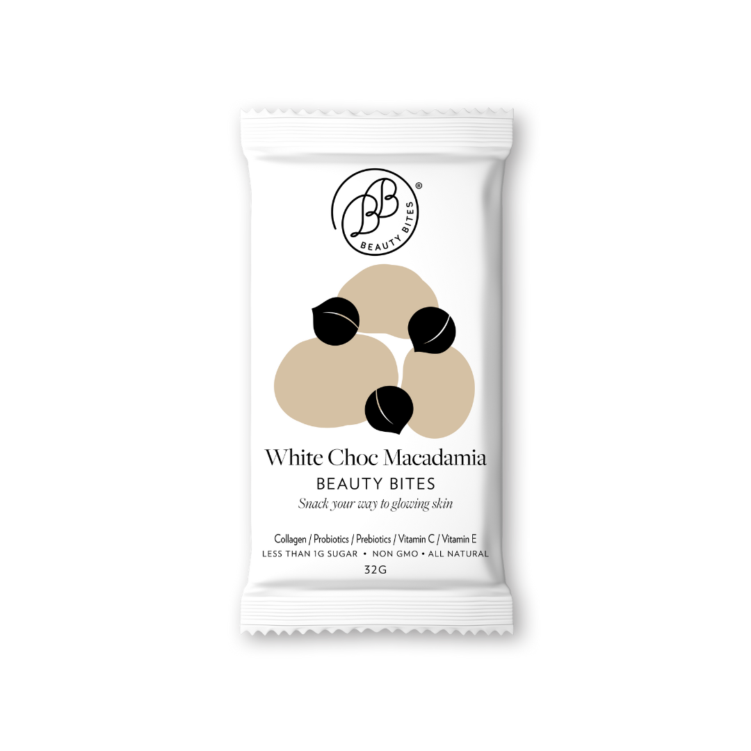 White packaging of White Choc Macadamia Beauty Bites with brand logo on a white background