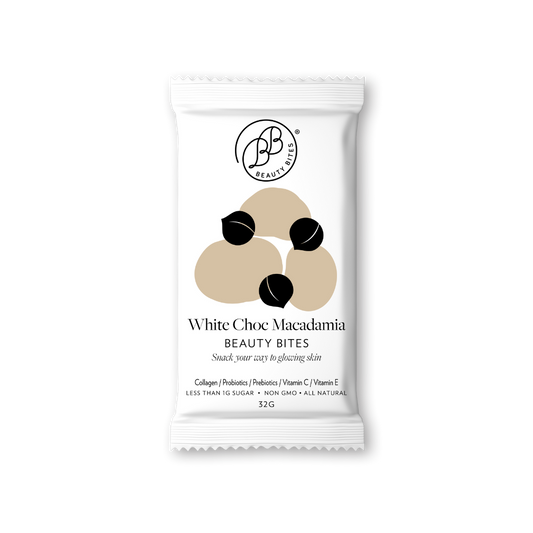 White packaging of White Choc Macadamia Beauty Bites with brand logo on a white background
