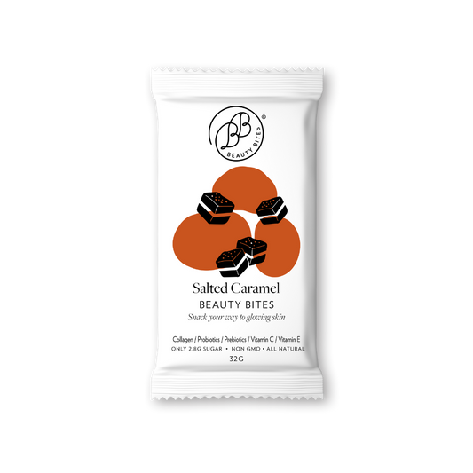 Salted caramel beauty bites with brand logo on a white background