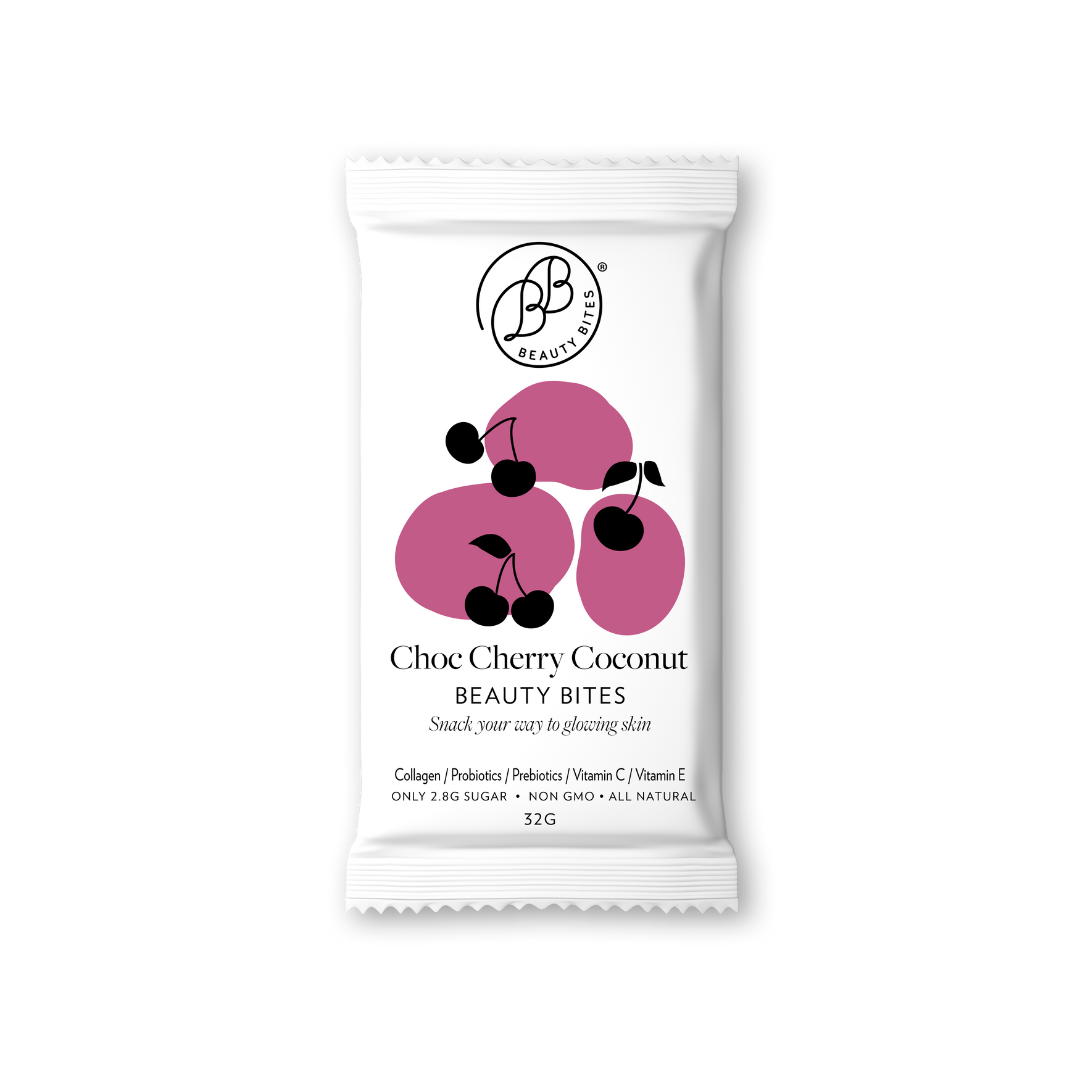 Choc Cherry Coconut Beauty Bites on a white background