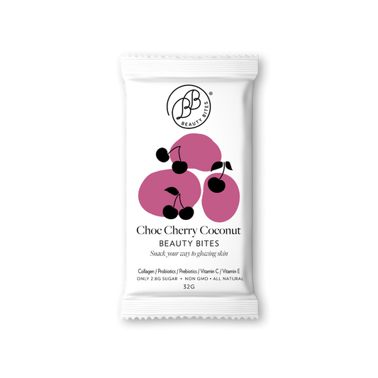Choc Cherry Coconut Beauty Bites on a white background